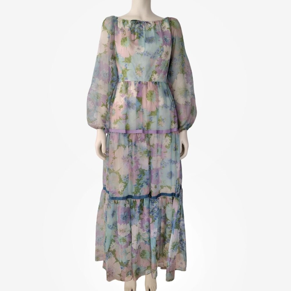 Vintage 1970s Watercolor Floral Boatneck Long Sleeved Maxi A Line Dress